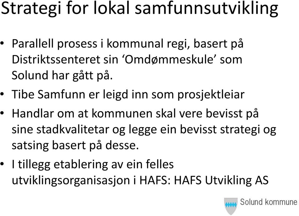 Tibe Samfunn er leigd inn som prosjektleiar Handlar om at kommunen skal vere bevisst på sine