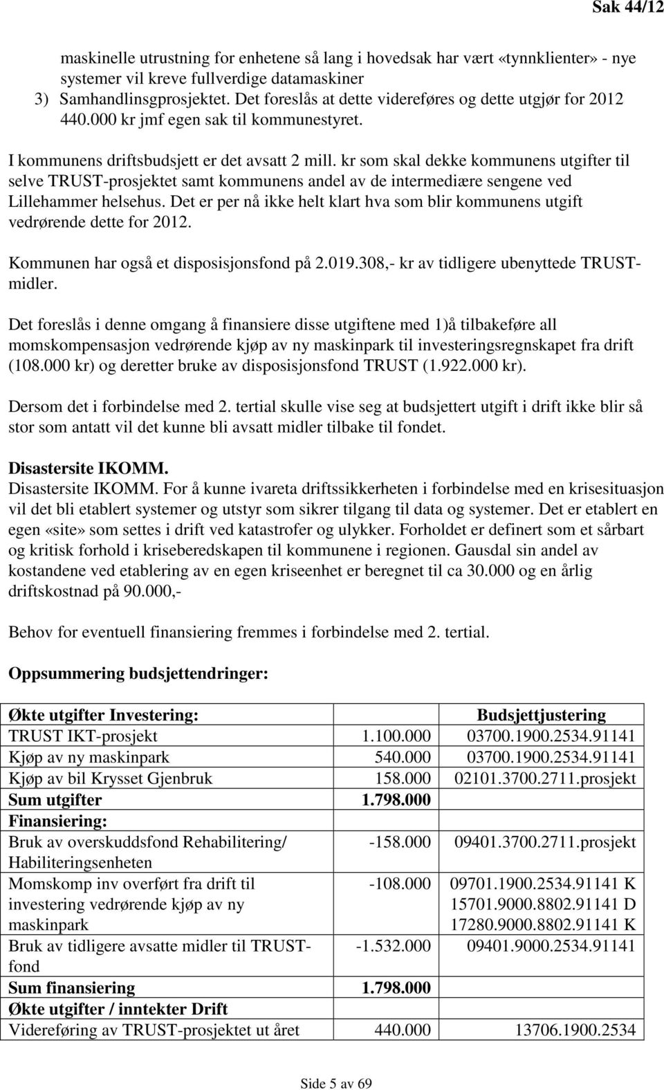 kr som skal dekke kommunens utgifter til selve TRUST-prosjektet samt kommunens andel av de intermediære sengene ved Lillehammer helsehus.