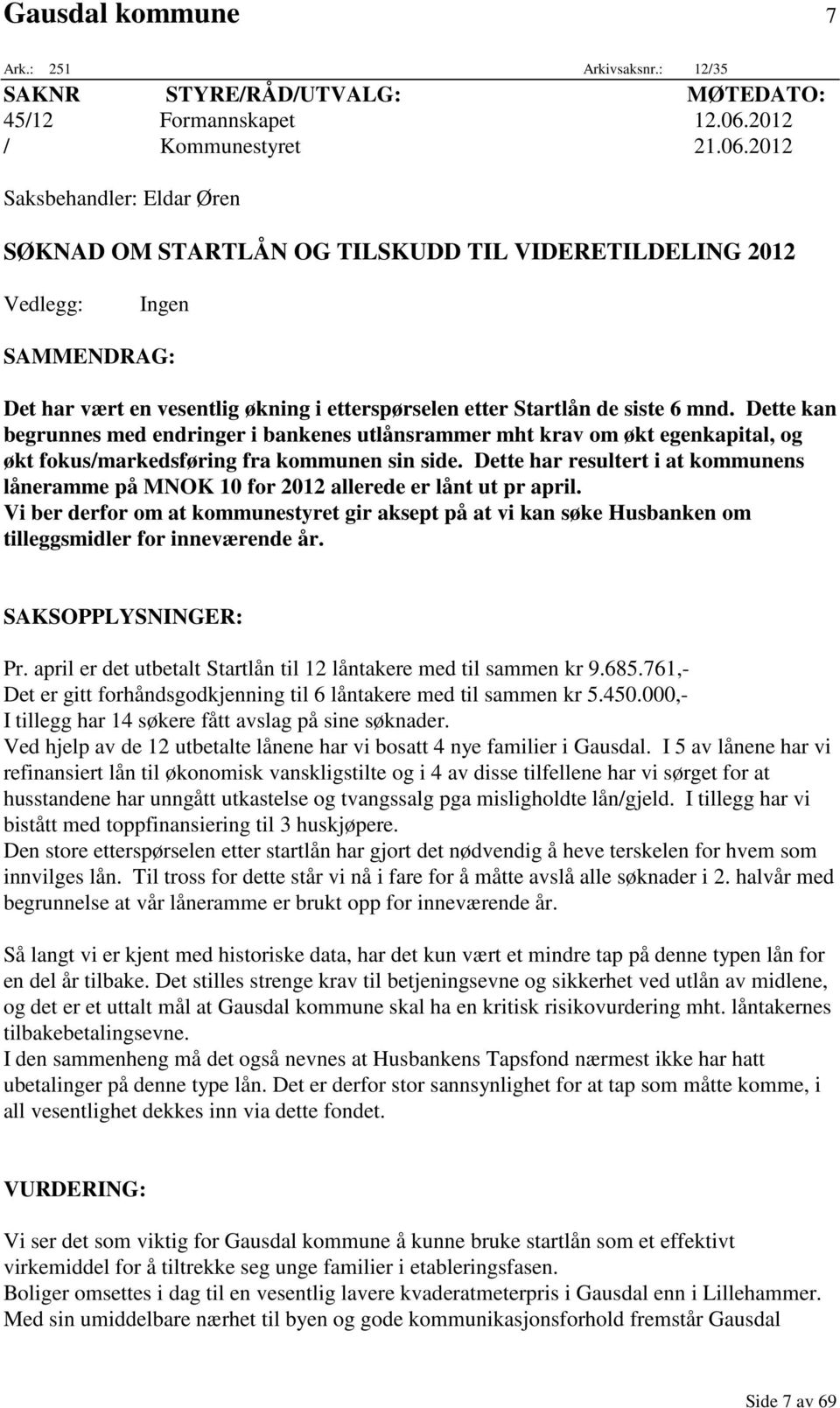 2012 Saksbehandler: Eldar Øren SØKNAD OM STARTLÅN OG TILSKUDD TIL VIDERETILDELING 2012 Vedlegg: Ingen SAMMENDRAG: Det har vært en vesentlig økning i etterspørselen etter Startlån de siste 6 mnd.