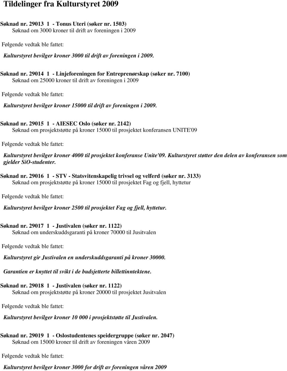 29015 1 - AIESEC Oslo (søker nr. 2142) Søknad om prosjektstøtte på kroner 15000 til prosjektet konferansen UNITE'09 Kulturstyret bevilger kroner 4000 til prosjektet konferanse Unite'09.