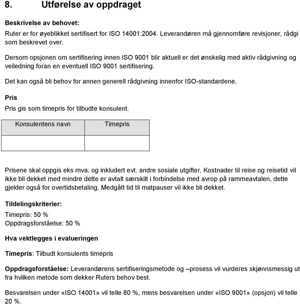 Det kan også bli behov for annen generell rådgivning innenfor ISO-standardene. Pris Pris gis som timepris for tilbudte konsulent. Konsulentens navn Timepris Prisene skal oppgis eks mva.