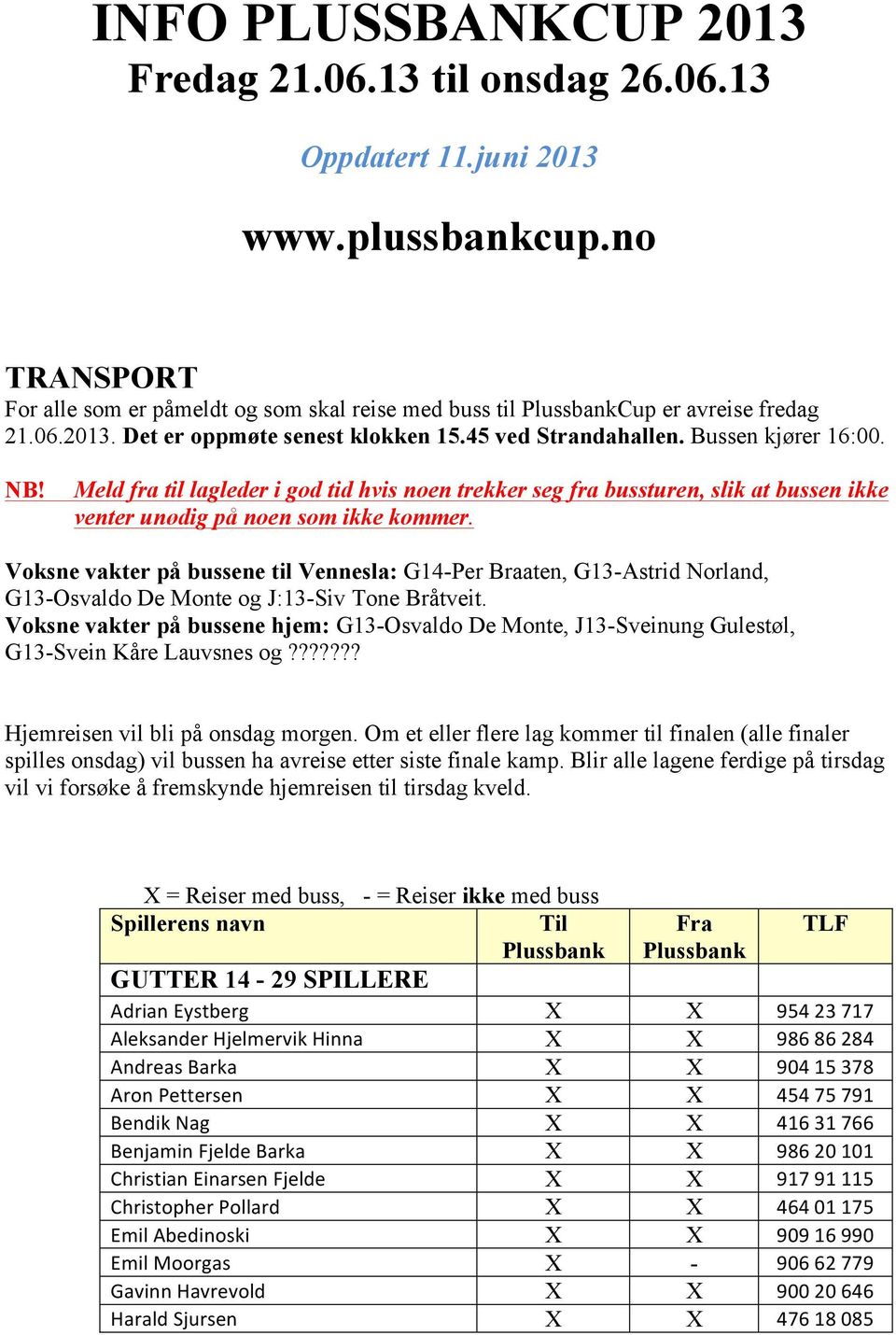 Meld fra til lagleder i god tid hvis noen trekker seg fra bussturen, slik at bussen ikke venter unødig på noen som ikke kommer.