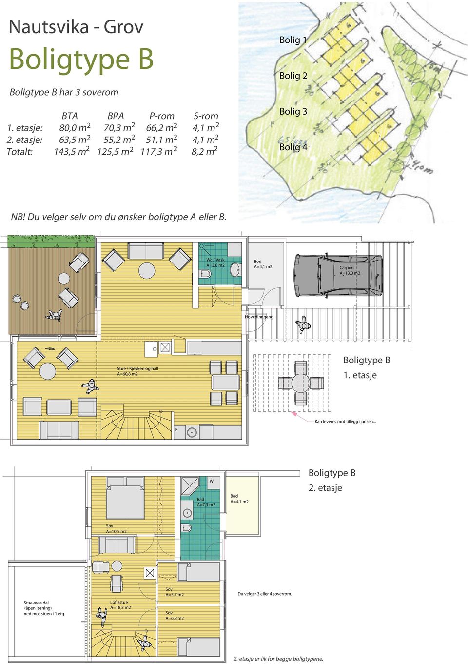 Wc / Vask A=3,6 m Bod A=4,1 m Carport A=13,0 m Hovedinngang Stue / Kjøkken og hall A=60,8 m Boligtype B 1. etasje F Kan leveres mot tillegg i prisen.