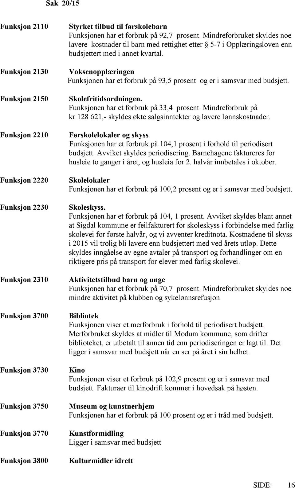 Voksenopplæringen Funksjonen har et forbruk på 93,5 prosent og er i samsvar med budsjett. Skolefritidsordningen. Funksjonen har et forbruk på 33,4 prosent.