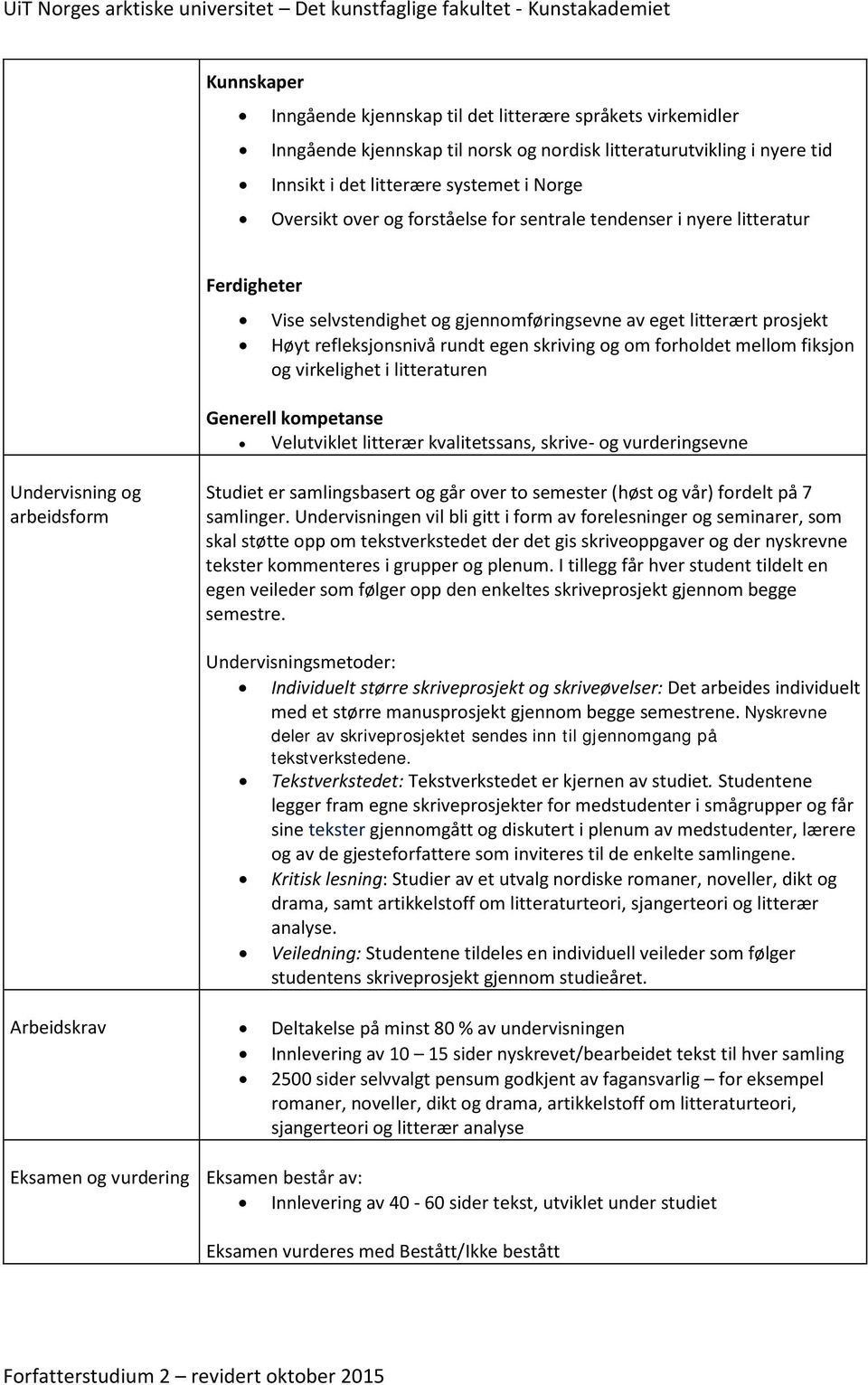 mellom fiksjon og virkelighet i litteraturen Generell kompetanse Velutviklet litterær kvalitetssans, skrive- og vurderingsevne Undervisning og arbeidsform Studiet er samlingsbasert og går over to