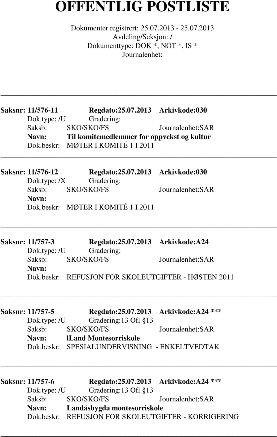 beskr: MØTER I KOMITÉ 1 I 2011 Saksnr: 11/757-3 Regdato:25.07.2013 Arkivkode:A24 Dok.