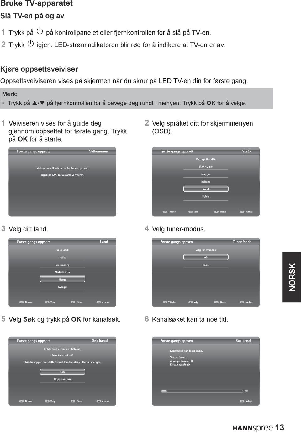 Trykk på OK for å velge. 1 Veiviseren vises for å guide deg gjennom oppsettet for første gang. Trykk på OK for å starte. 2 Velg språket ditt for skjermmenyen (OSD).