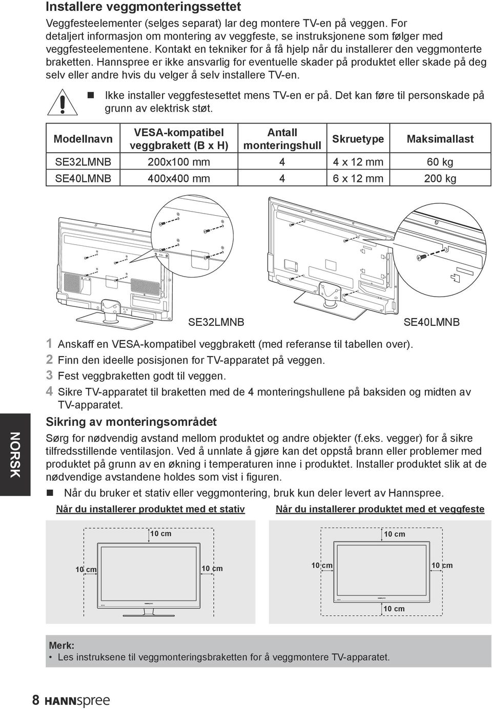 Hannspree er ikke ansvarlig for eventuelle skader på produktet eller skade på deg selv eller andre hvis du velger å selv installere TV-en. Modellnavn Ikke installer veggfestesettet mens TV-en er på.