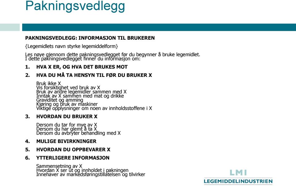 HVA DU MÅ TA HENSYN TIL FØR DU BRUKER X Bruk ikke X Vis forsiktighet ved bruk av X Bruk av andre legemidler sammen med X Inntak av X sammen med mat og drikke Graviditet og amming Kjøring og bruk av