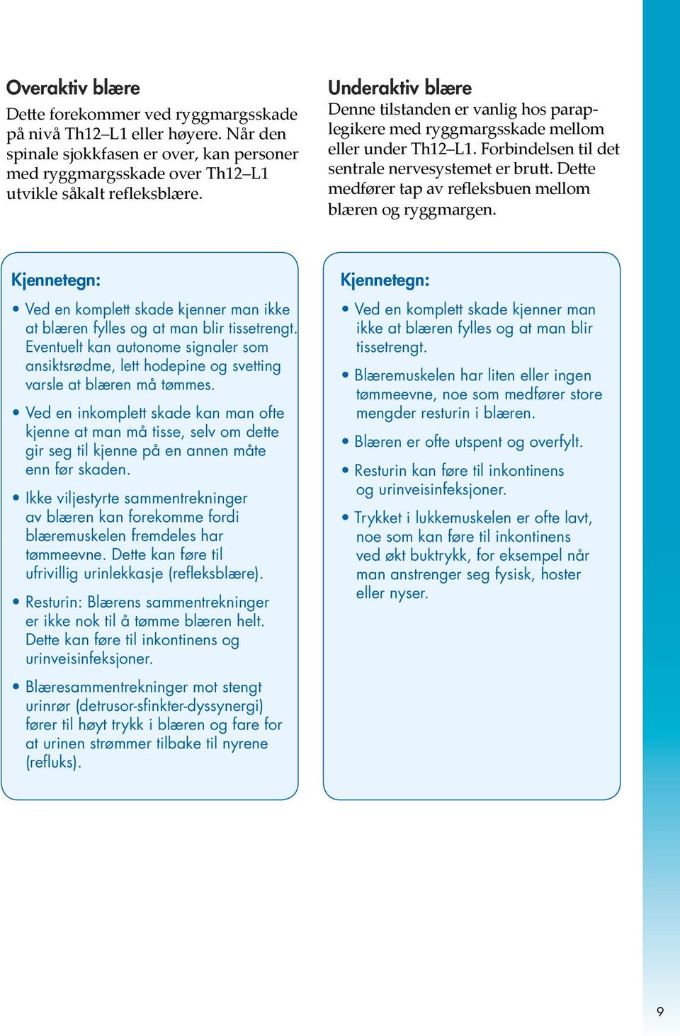 Dette medfører tap av refleksbuen mellom blæren og ryggmargen. Kjennetegn: Ved en komplett skade kjenner man ikke at blæren fylles og at man blir tissetrengt.