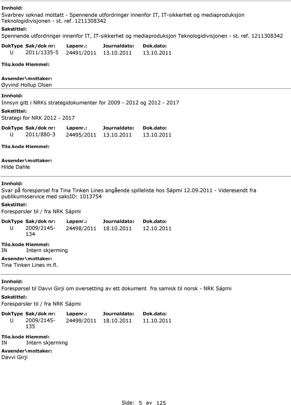 1211308342 2011/1335-5 24491/2011 Øyvind Hollup Olsen nnsyn gitt i NRKs strategidokumenter for 2009-2012 og 2012-2017 Strategi for NRK 2012-2017 2011/880-3 24495/2011 Hilde Dahle Svar på forespørsel