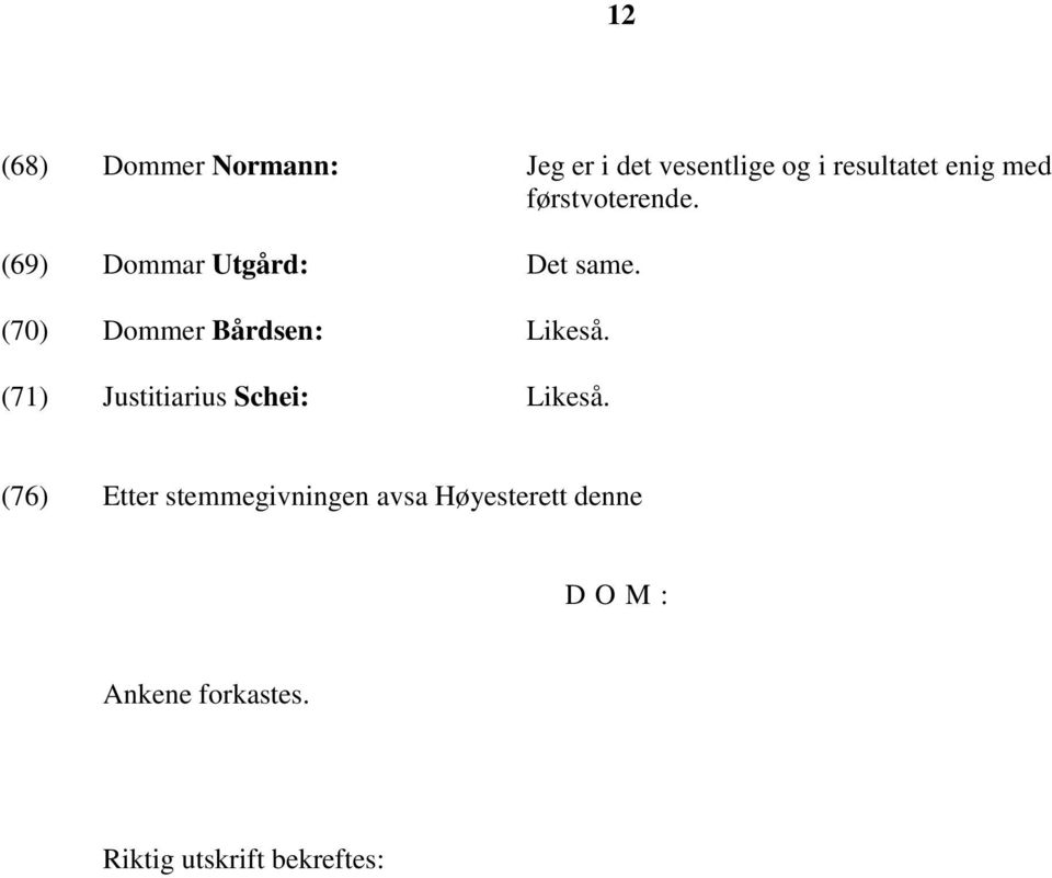 (70) Dommer Bårdsen: Likeså. (71) Justitiarius Schei: Likeså.
