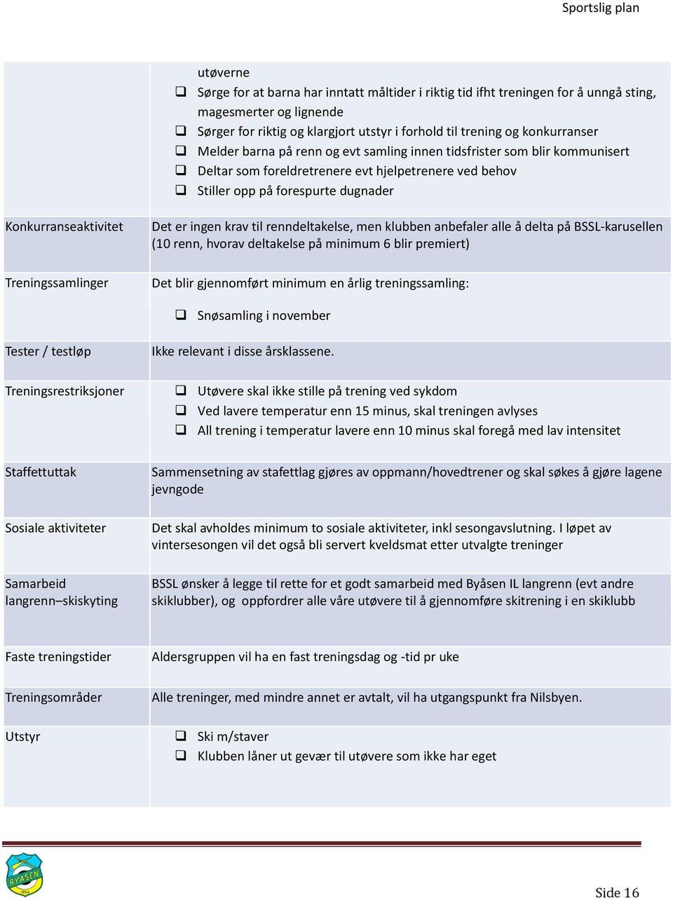 Treningssamlinger Det er ingen krav til renndeltakelse, men klubben anbefaler alle å delta på BSSL-karusellen (10 renn, hvorav deltakelse på minimum 6 blir premiert) Det blir gjennomført minimum en