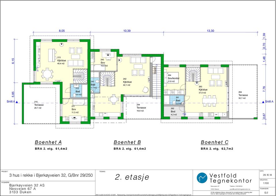 /kontor 11,6 m2 262 Bod 4,2 m2 261 Bad 3,8 m2 0,09 263 Kjk/stue 37,0 m2 DW F 264 Terrasse 30,7 m2 7,76