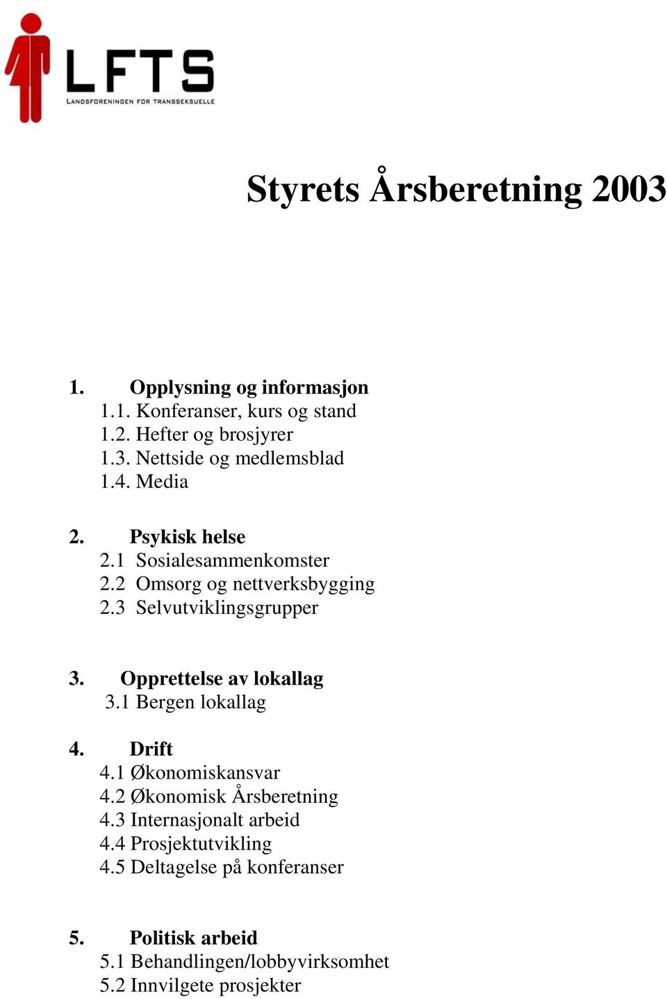 Opprettelse av lokallag 3.1 Bergen lokallag 4. Drift 4.1 Økonomiskansvar 4.2 Økonomisk Årsberetning 4.3 Internasjonalt arbeid 4.