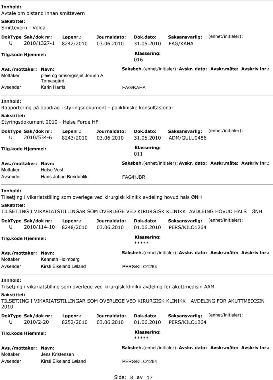 Johan Breidablik Tilsetjing i vikariatstilling som overlege ved kirurgisk klinikk avdeling hovud hals ØNH TLSETJNG VKARATSTLLNGAR SOM OVERLEGE VED KRRGSK KLNKK AVDLENG HOVD HALS ØNH 2010/114-10