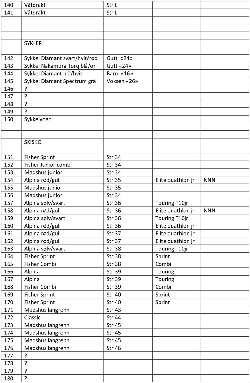 150 Sykkelvogn SKISKO 151 Fisher Sprint Str 34 152 Fisher Junior combi Str 34 153 Madshus junior Str 34 154 Alpina rød/gull Str 35 Elite duathlon jr NNN 155 Madshus junior Str 35 156 Madshus junior