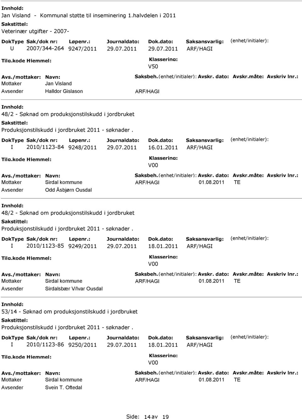 : Sirdal kommune Odd Åsbjørn Ousdal 48/2 - Søknad om produksjonstilskudd i jordbruket 2010/1123-85 9249/2011 18.01.2011 Avs./mottaker: Navn: Saksbeh. Avskr. dato: Avskr.måte: Avskriv lnr.