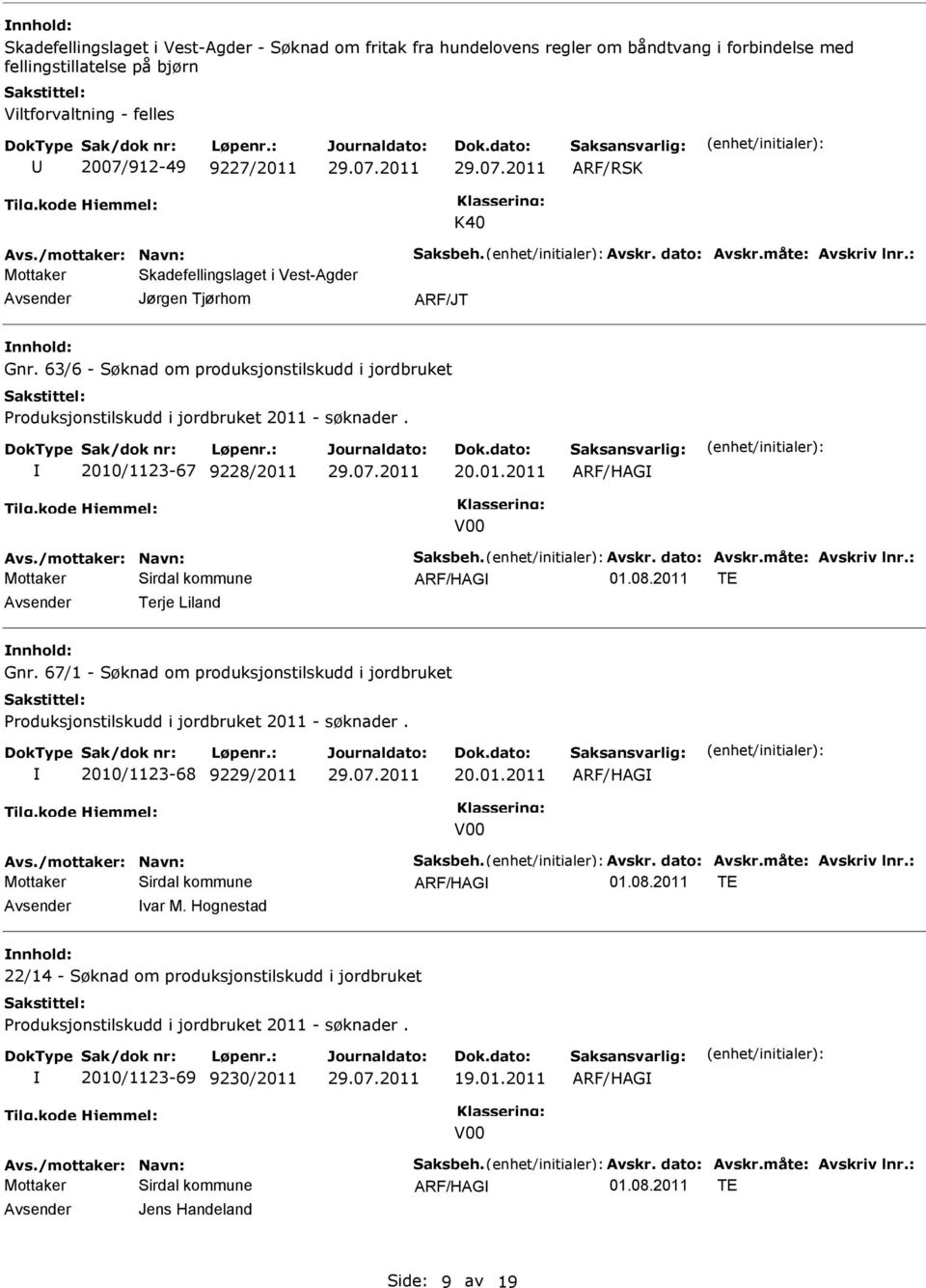 01.2011 Avs./mottaker: Navn: Saksbeh. Avskr. dato: Avskr.måte: Avskriv lnr.: Sirdal kommune Terje Liland Gnr. 67/1 - Søknad om produksjonstilskudd i jordbruket 2010/1123-68 9229/2011 20.01.2011 Avs./mottaker: Navn: Saksbeh. Avskr. dato: Avskr.måte: Avskriv lnr.: Sirdal kommune var M.