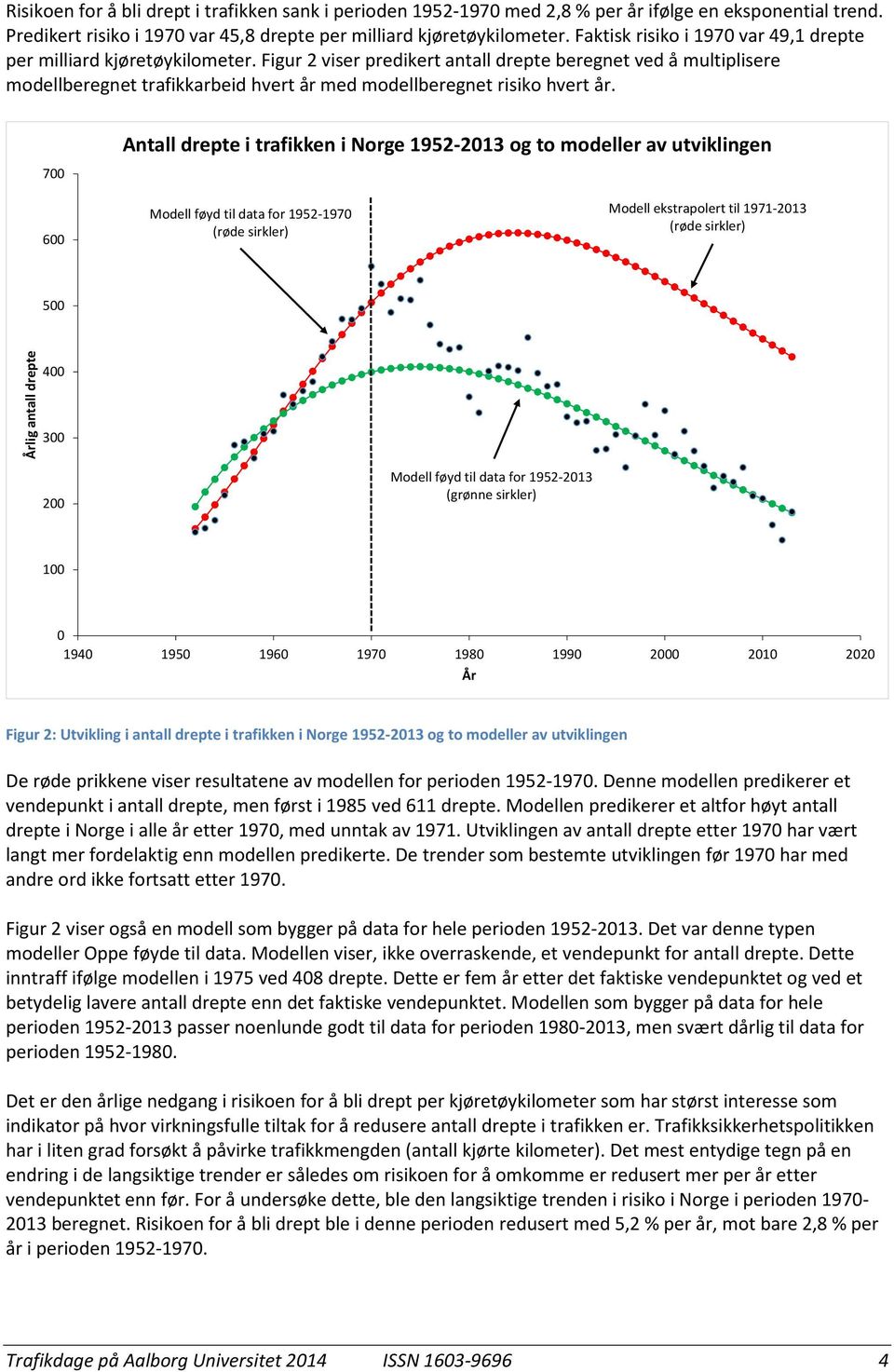 Figur 2 viser predikert antall drepte beregnet ved å multiplisere modellberegnet trafikkarbeid hvert år med modellberegnet risiko hvert år.