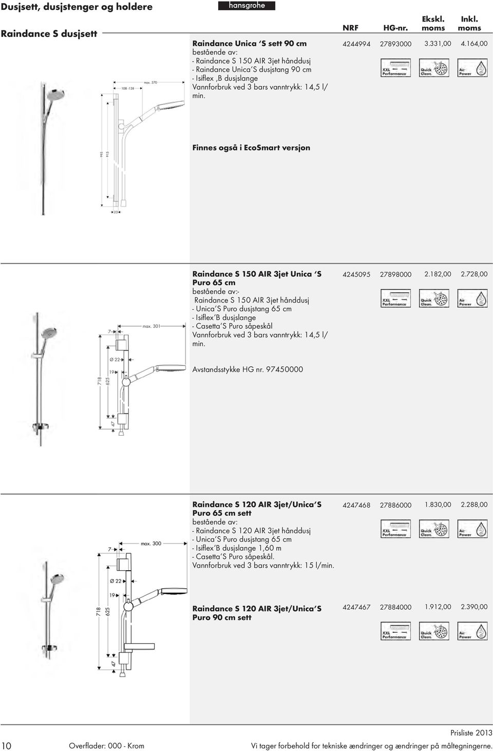 164,00 Finnes også i EcoSmart versjon Raindance S 150 AIR 3jet Unica S Puro 65 cm bestående av:- Raindance S 150 AIR 3jet hånddusj - Unica S Puro dusjstang 65 cm - Isifl ex B dusjslange - Casetta S