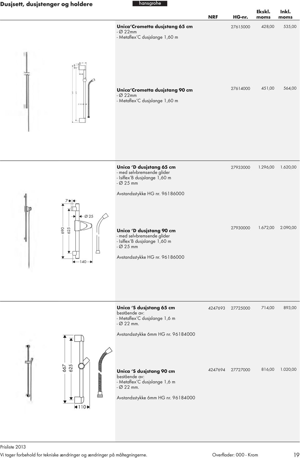 96186000 Unica D dusjstang 90 cm - med selvbremsende glider - Isifl ex B dusjslange 1,60 m - Ø 25 mm 27930000 1.672,00 2.090,00 Avstandsstykke HG nr.