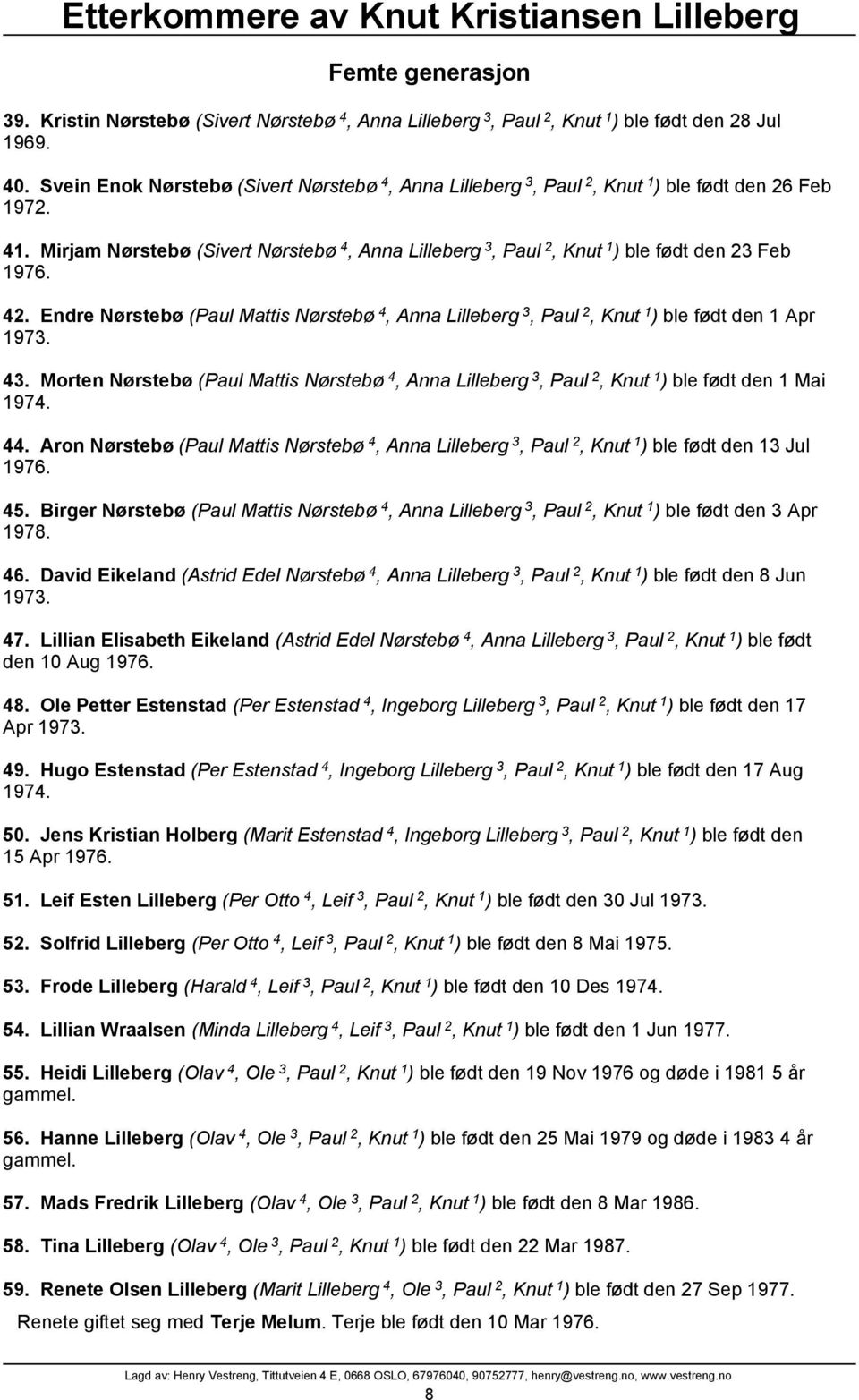 Mirjam Nørstebø (Sivert Nørstebø 4, Anna Lilleberg 3, Paul 2, Knut 1 ) ble født den 23 Feb 1976. 42. Endre Nørstebø (Paul Mattis Nørstebø 4, Anna Lilleberg 3, Paul 2, Knut 1 ) ble født den 1 Apr 1973.