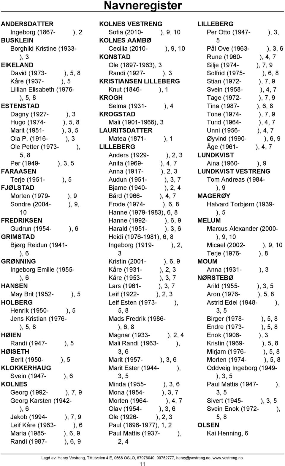 (1916- ), 3 Ole Petter (1973- ), 5, 8 Per (1949- ), 3, 5 FARAASEN Terje (1951- ), 5 FJØLSTAD Morten (1979- ), 9 Sondre (2004- ), 9, 10 FREDRIKSEN Gudrun (1954- ), 6 GRIMSTAD Bjørg Reidun (1941- ), 6