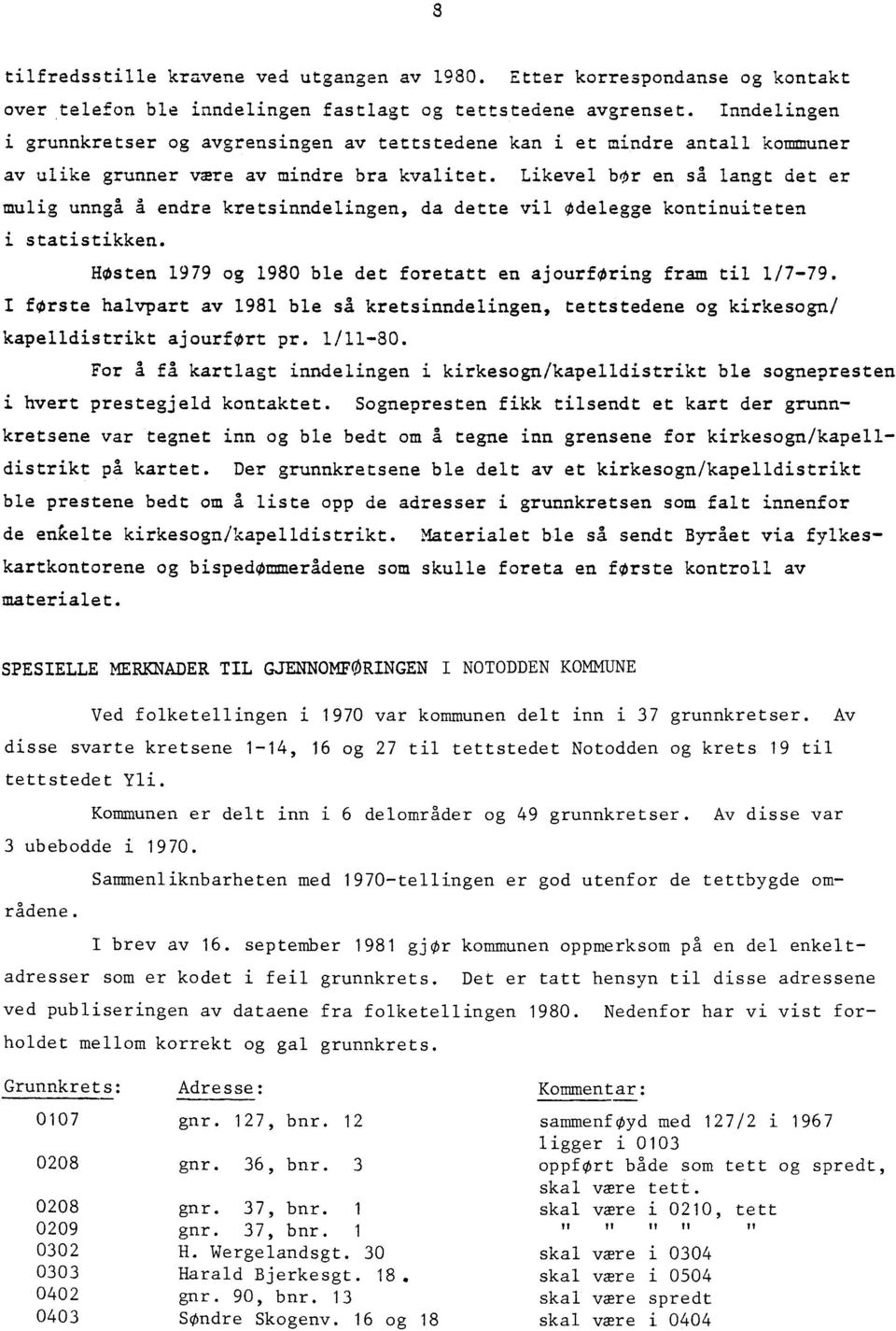 Likevel bor en så langt det er mulig unngå å endre kretsinndelingen, da dette vil Odelegge kontinuiteten i statistikken. Høsten 1979 og 1980 ble det foretatt en ajourføring fram til 1/7-79.