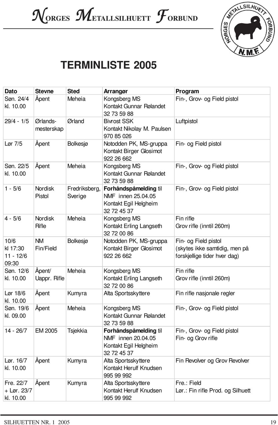 Paulsen 970 85 026 Lør 7/5 Åpent Bolkesjø Notodden PK, MS-gruppa Kontakt Birger Glosimot 922 26 662 Søn. 22/5 kl. 10.00 1-5/6 Nordisk Pistol 4-5/6 Nordisk Rifle 10/6 kl 17:30 11-12/6 09:30 Søn.
