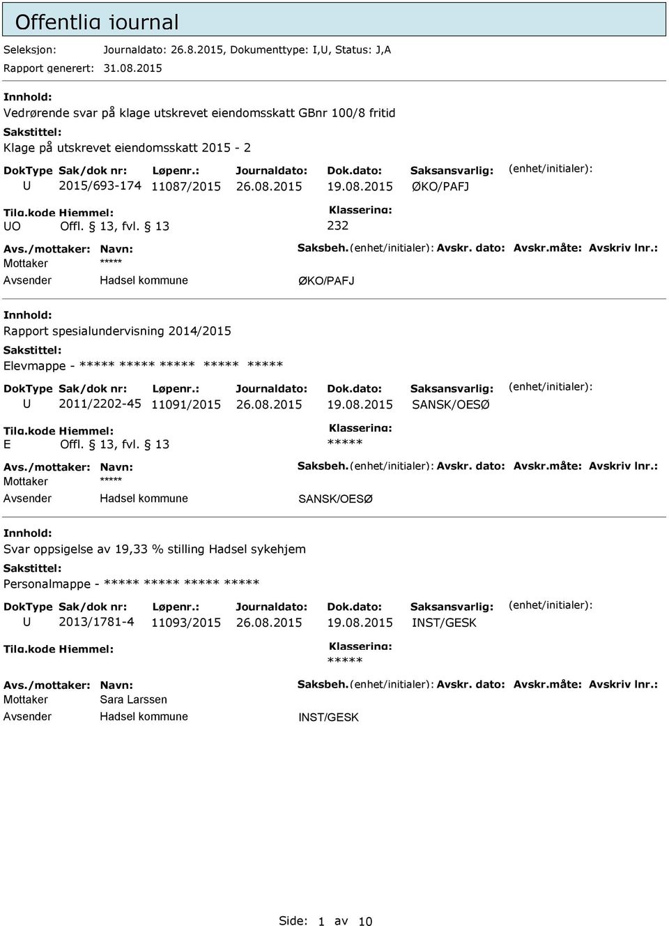 /mottaker: Navn: Saksbeh. Avskr. dato: Avskr.måte: Avskriv lnr.: Mottaker Rapport spesialundervisning 2014/2015 Elevmappe - 2011/2202-45 11091/2015 E Avs.