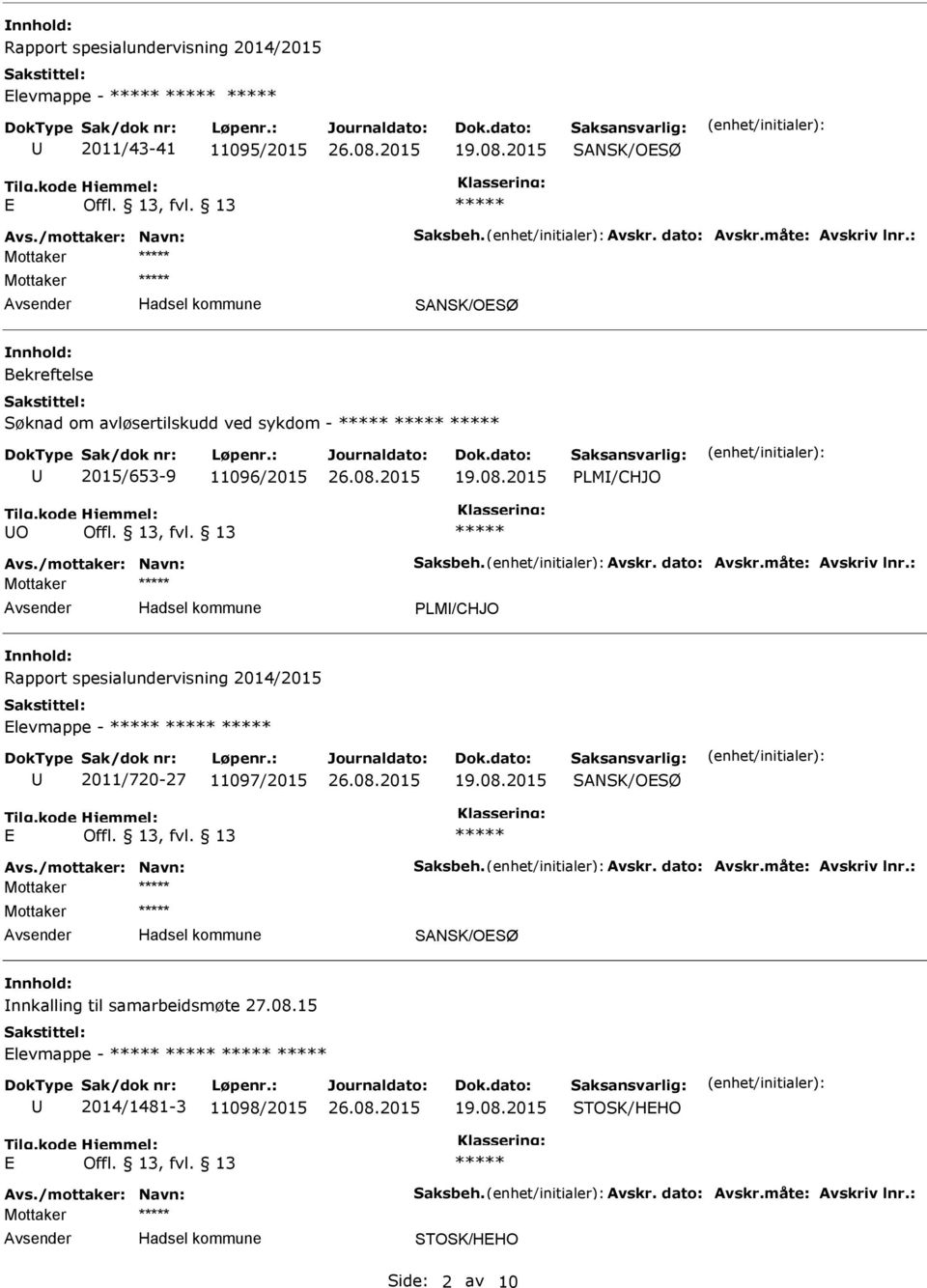 : Mottaker PLM/CHJO Rapport spesialundervisning 2014/2015 Elevmappe - 2011/720-27 11097/2015 E Avs./mottaker: Navn: Saksbeh. Avskr. dato: Avskr.måte: Avskriv lnr.