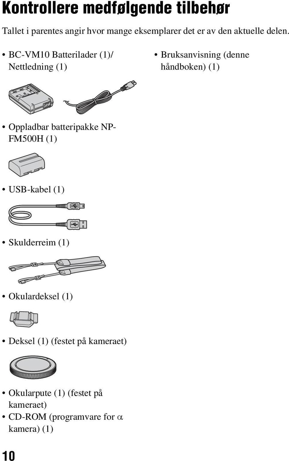 BC-VM10 Batterilader (1)/ Nettledning (1) Bruksanvisning (denne håndboken) (1) Oppladbar