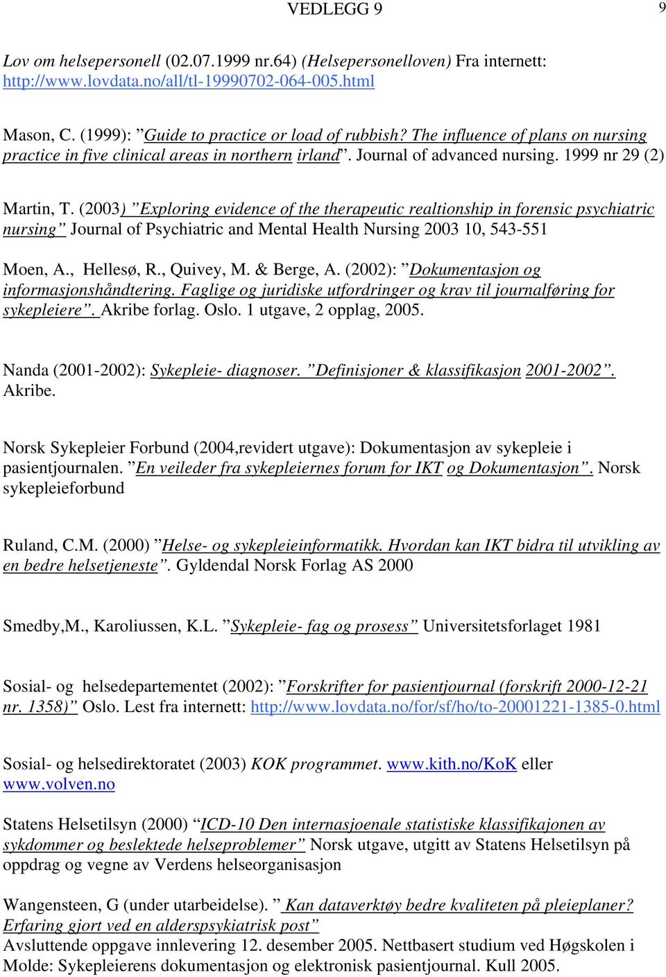 (2003) Exploring evidence of the therapeutic realtionship in forensic psychiatric nursing Journal of Psychiatric and Mental Health Nursing 2003 10, 543-551 Moen, A., Hellesø, R., Quivey, M.