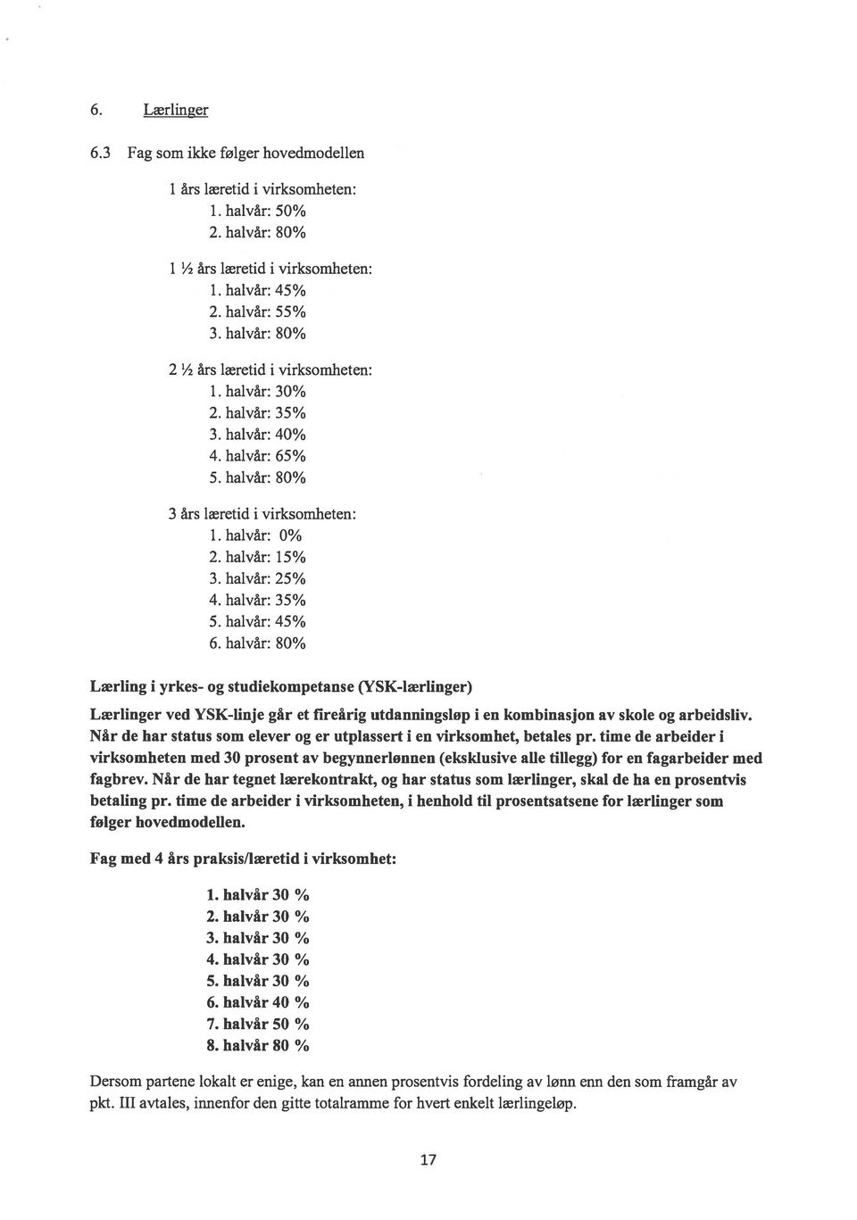 halvår: 35% 5. halvår: 45% 6. halvår: 80% Lærling i yrkes- og studiekompetanse (YSK-lærlinger) Lærlinger ved YSK-linje går et fireårig utdanningsløp i en kombinasjon av skole og arbeidsliv.