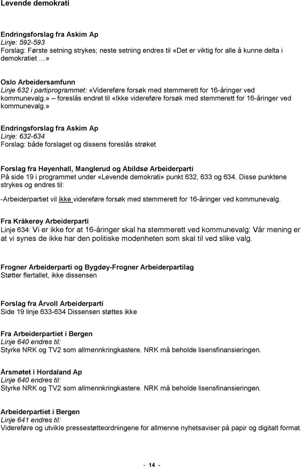 » Linje: 632-634 Forslag: både forslaget og dissens foreslås strøket Forslag fra Høyenhall, Manglerud og Abildsø Arbeiderparti På side 19 i programmet under «Levende demokrati» punkt 632, 633 og 634.