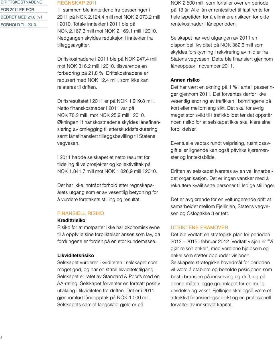 Driftskostnadene i 2011 ble på NOK 247,4 mill mot NOK 316,2 mill i 2010, tilsvarende en forbedring på 21,8 %. Driftskostnadene er redusert med NOK 12,4 mill, som ikke kan relateres til driften.