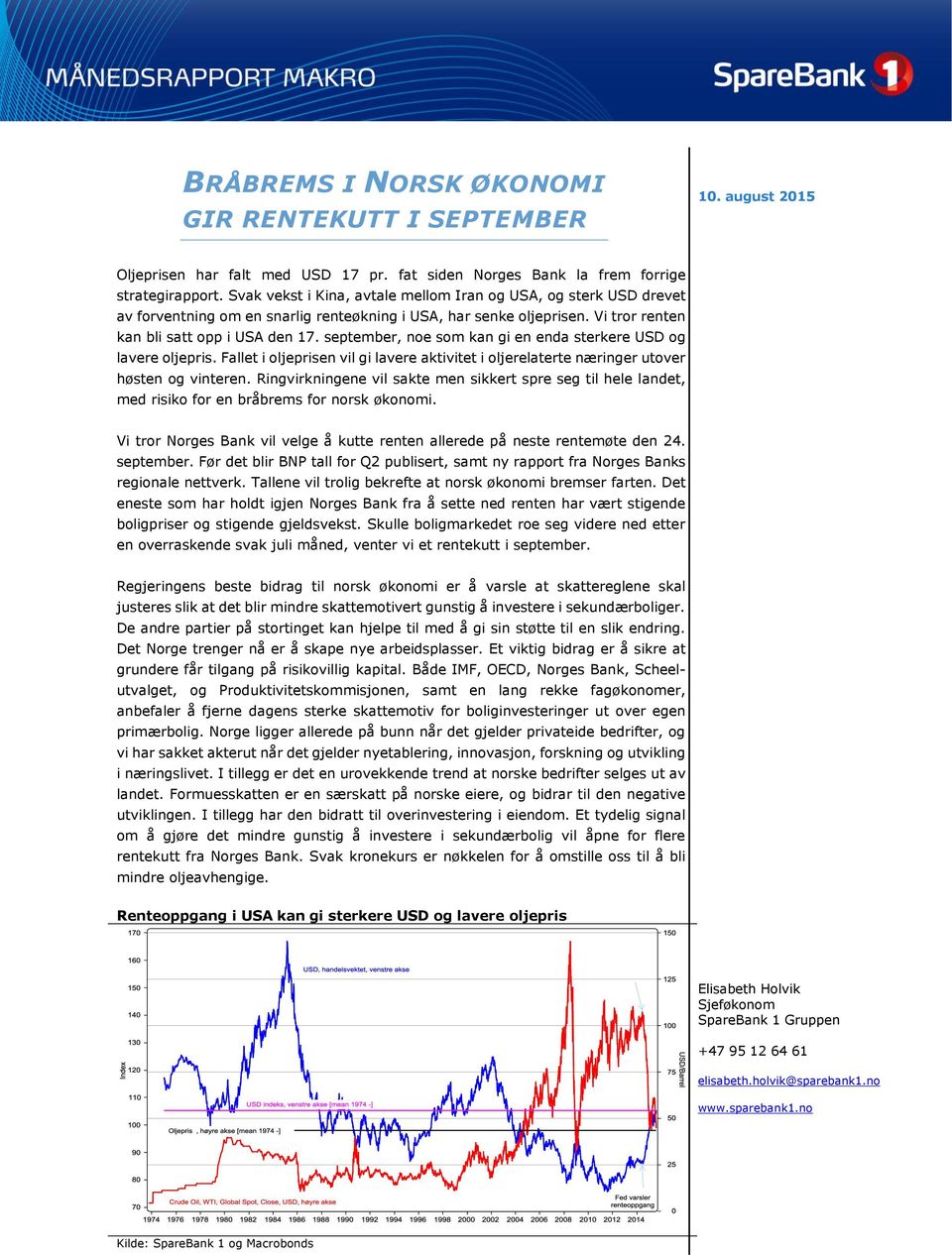 september, noe som kan gi en enda sterkere USD og lavere oljepris. Fallet i oljeprisen vil gi lavere aktivitet i oljerelaterte næringer utover høsten og vinteren.