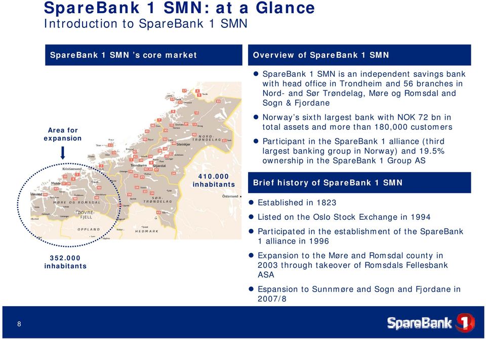 Fjordane Norway s sixth largest bank with NOK 72 bn in total assets and more than 180,000 customers Participant in the SpareBank 1 alliance (third largest banking group in Norway) and 19.