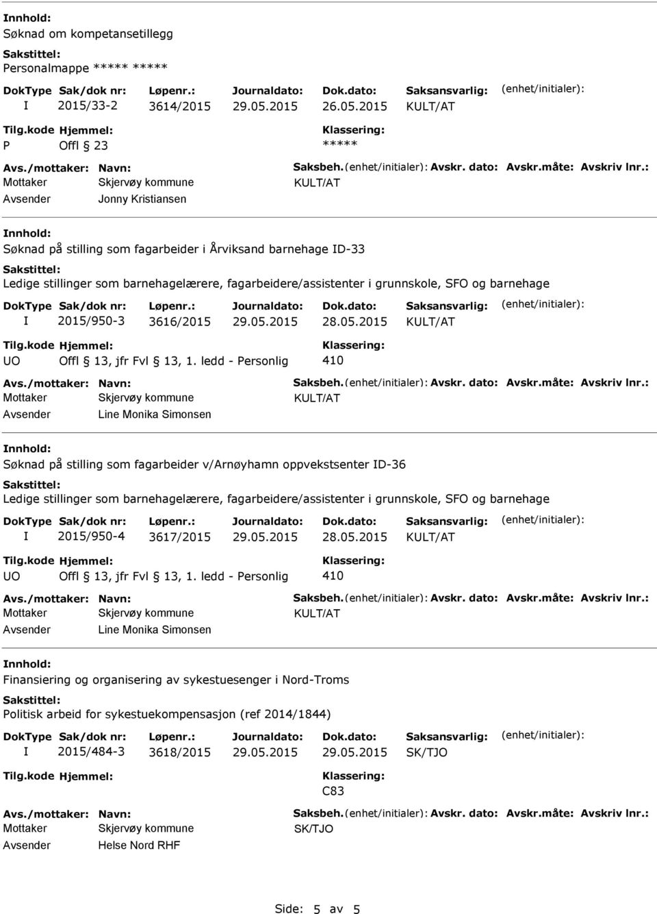 og barnehage 2015/950-3 3616/2015 410 Line Monika Simonsen Søknad på stilling som fagarbeider v/arnøyhamn oppvekstsenter D-36 Ledige stillinger som barnehagelærere,