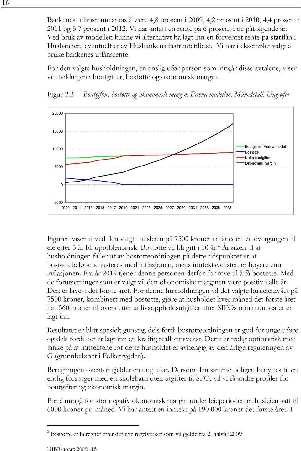 For den valgte husholdningen, en enslig ufør person som inngår disse avtalene, viser vi utviklingen i boutgifter, bostøtte og økonomisk margin. Figur 2.2 Boutgifter, bostøtte og økonomisk margin.