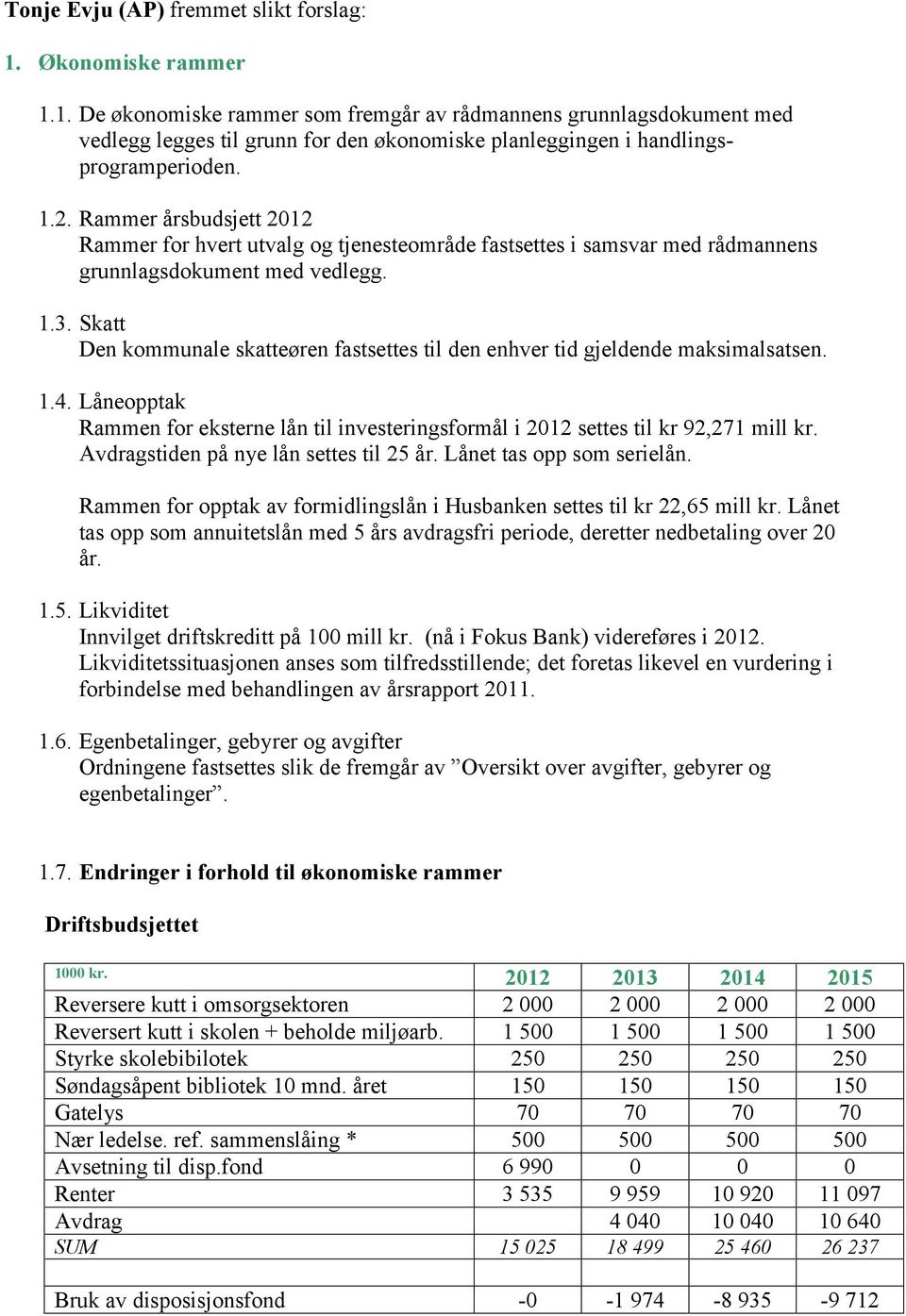 Skatt Den kommunale skatteøren fastsettes til den enhver tid gjeldende maksimalsatsen. 1.4. Låneopptak Rammen for eksterne lån til investeringsformål i 2012 settes til kr 92,271 mill kr.