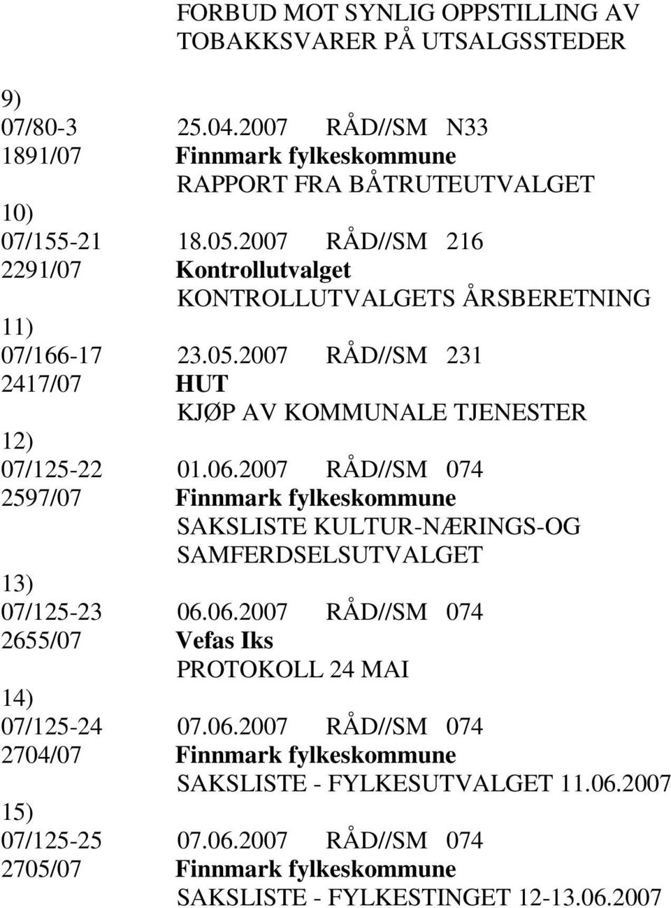 2007 RÅD//SM 074 2597/07 Finnmark fylkeskommune SAKSLISTE KULTUR-NÆRINGS-OG SAMFERDSELSUTVALGET 13) 07/125-23 06.06.2007 RÅD//SM 074 2655/07 Vefas Iks PROTOKOLL 24 MAI 14) 07/125-24 07.