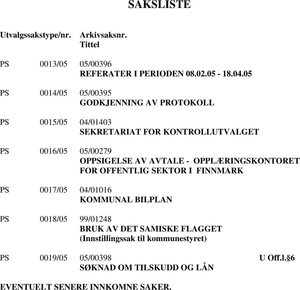 OPPSIGELSE AV AVTALE - OPPLÆRINGSKONTORET FOR OFFENTLIG SEKTOR I FINNMARK PS 0017/05 04/01016 KOMMUNAL BILPLAN PS 0018/05