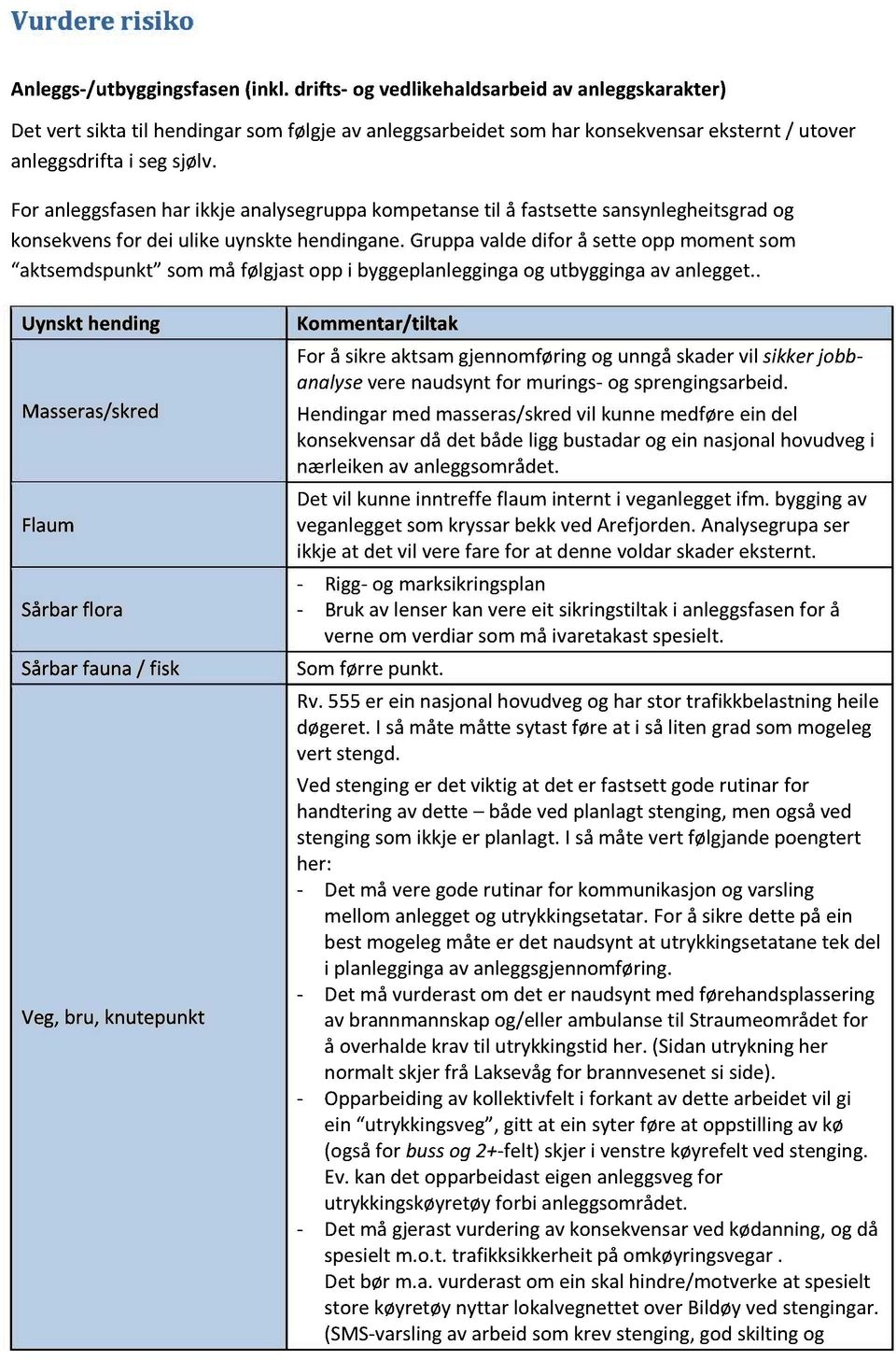 Foranleggsfasenhar ikkjeanalysegruppakompetansetil å fastsettesansynlegheitsgradog konsekvensfor dei ulike uynsktehendingane.