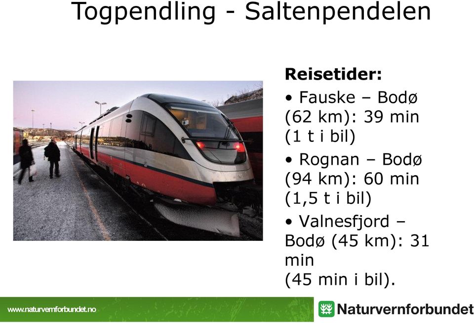 Rognan Bodø (94 km): 60 min (1,5 t i bil)