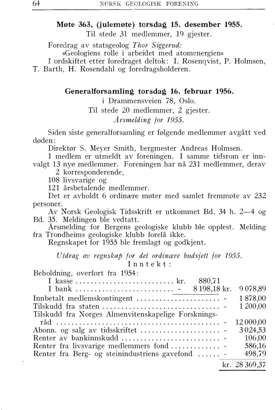Generalforsamling torsdag 16. februar 1956. i Drammensveien 78, Oslo. Til stede 20 medlemmer, 2 gjester. Arsmelding for 1955.