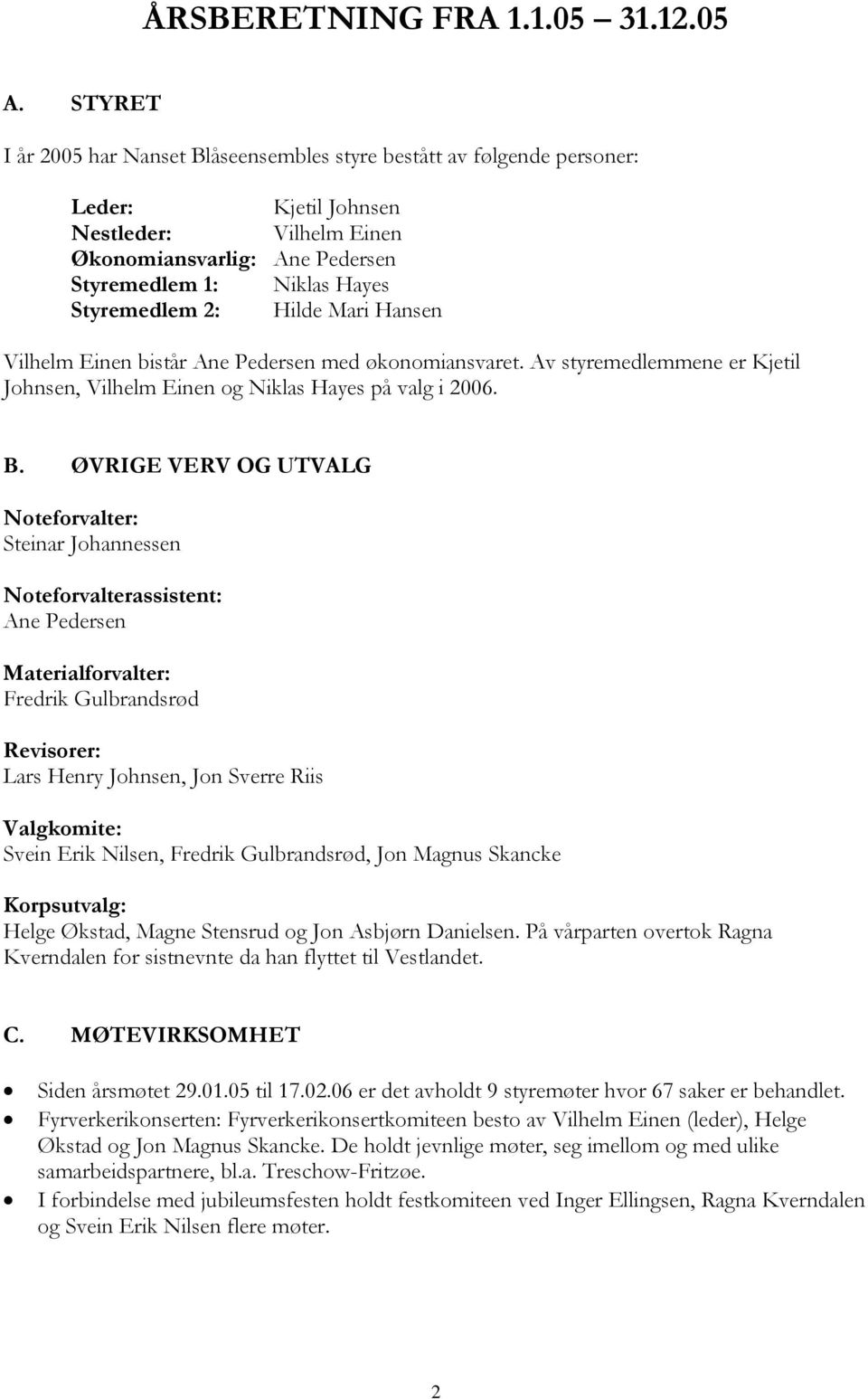 Hilde Mari Hansen Vilhelm Einen bistår Ane Pedersen med økonomiansvaret. Av styremedlemmene er Kjetil Johnsen, Vilhelm Einen og Niklas Hayes på valg i 2006. B.