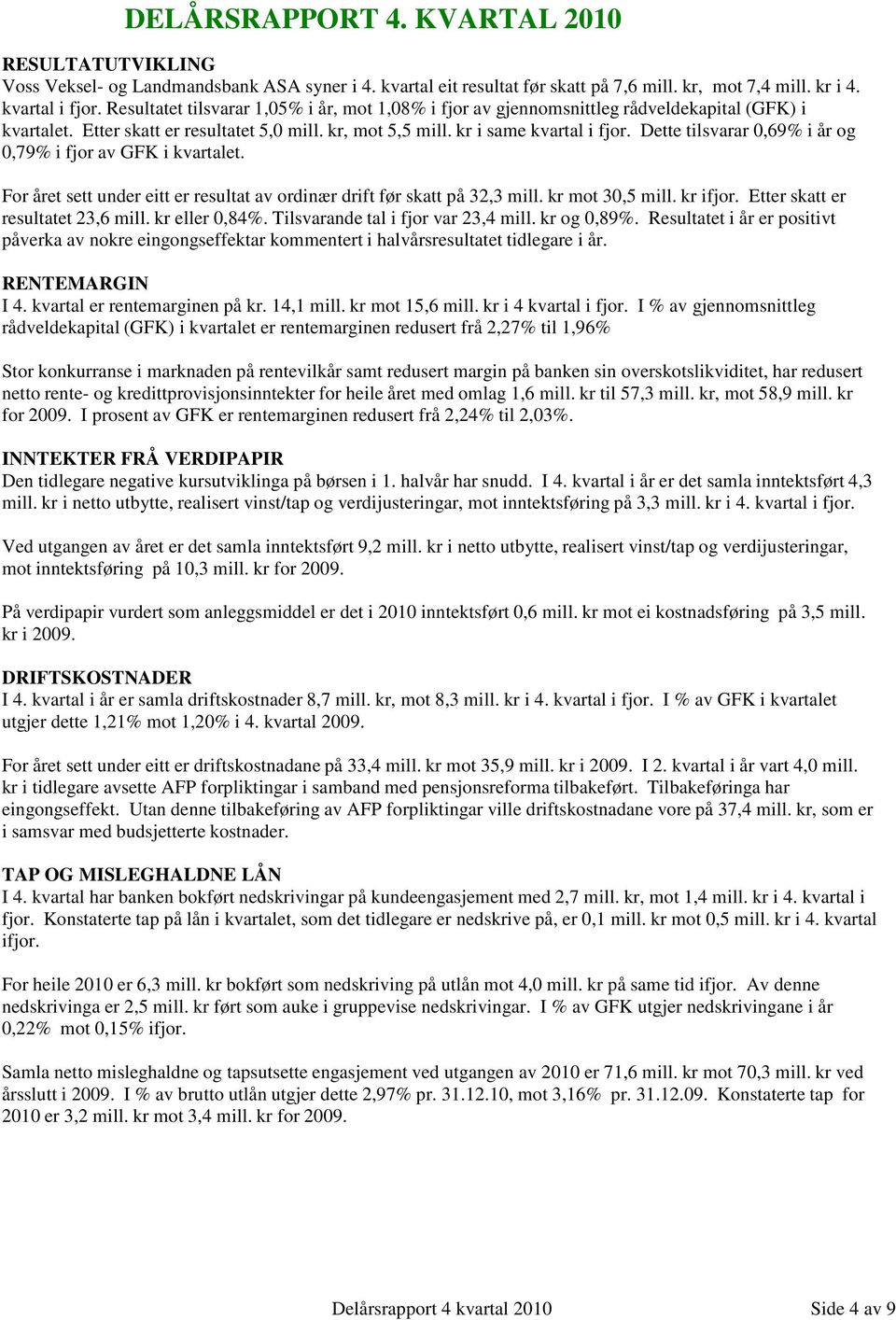 Dette tilsvarar 0,69% i år og 0,79% i fjor av GFK i kvartalet. For året sett under eitt er resultat av ordinær drift før skatt på 32,3 mill. kr mot 30,5 mill. kr ifjor.