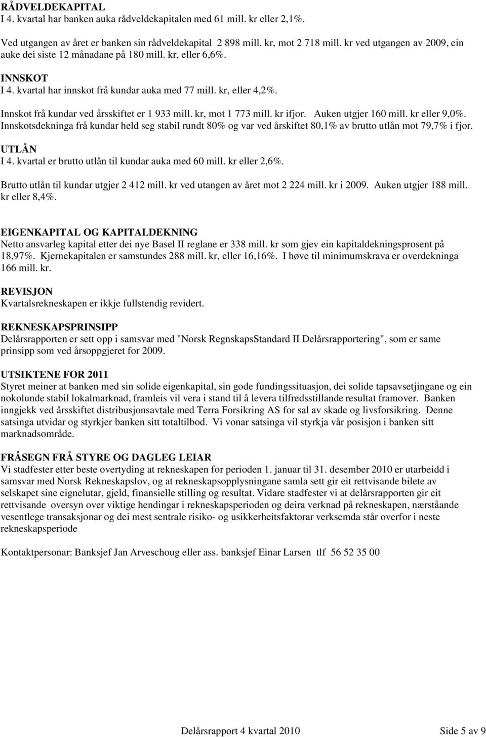 Innskot frå kundar ved årsskiftet er 1 933 mill. kr, mot 1 773 mill. kr ifjor. Auken utgjer 160 mill. kr eller 9,0%.